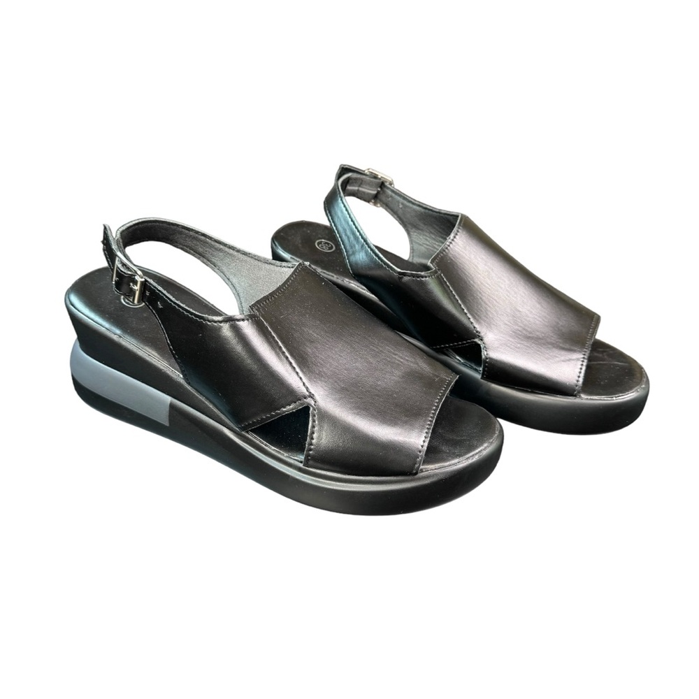 NWOB Black Platform Wedge Slip On Faux Leather Sandals size 38 or 7